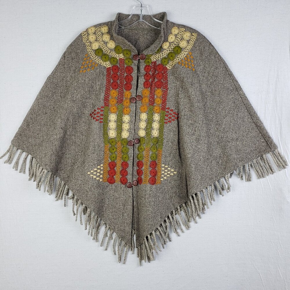 Vintage 60s 70s Cape Poncho Wool Blend Embroidered Ethnic Fringe Boho O/S